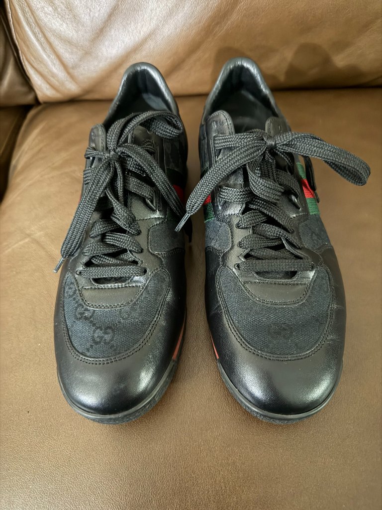 Gucci Black Leather Sneakers W/ Web Stripe Menâs Size 8.5